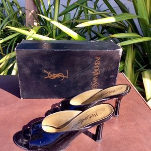 YSL Yves Saint Laurent Black Patent Leather Heels Mules Womens Size 8
